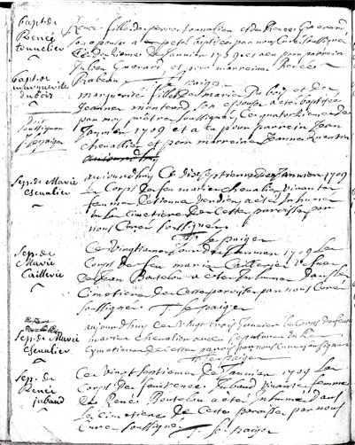 Vue d'ensemble de la seconde p. du registre paroissial de 1709
